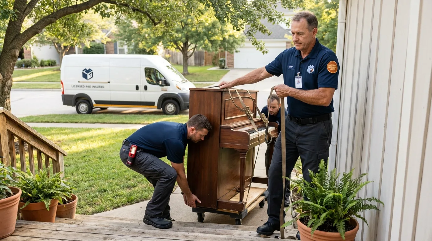 Licensed piano movers securing grand piano in Grenada, MS