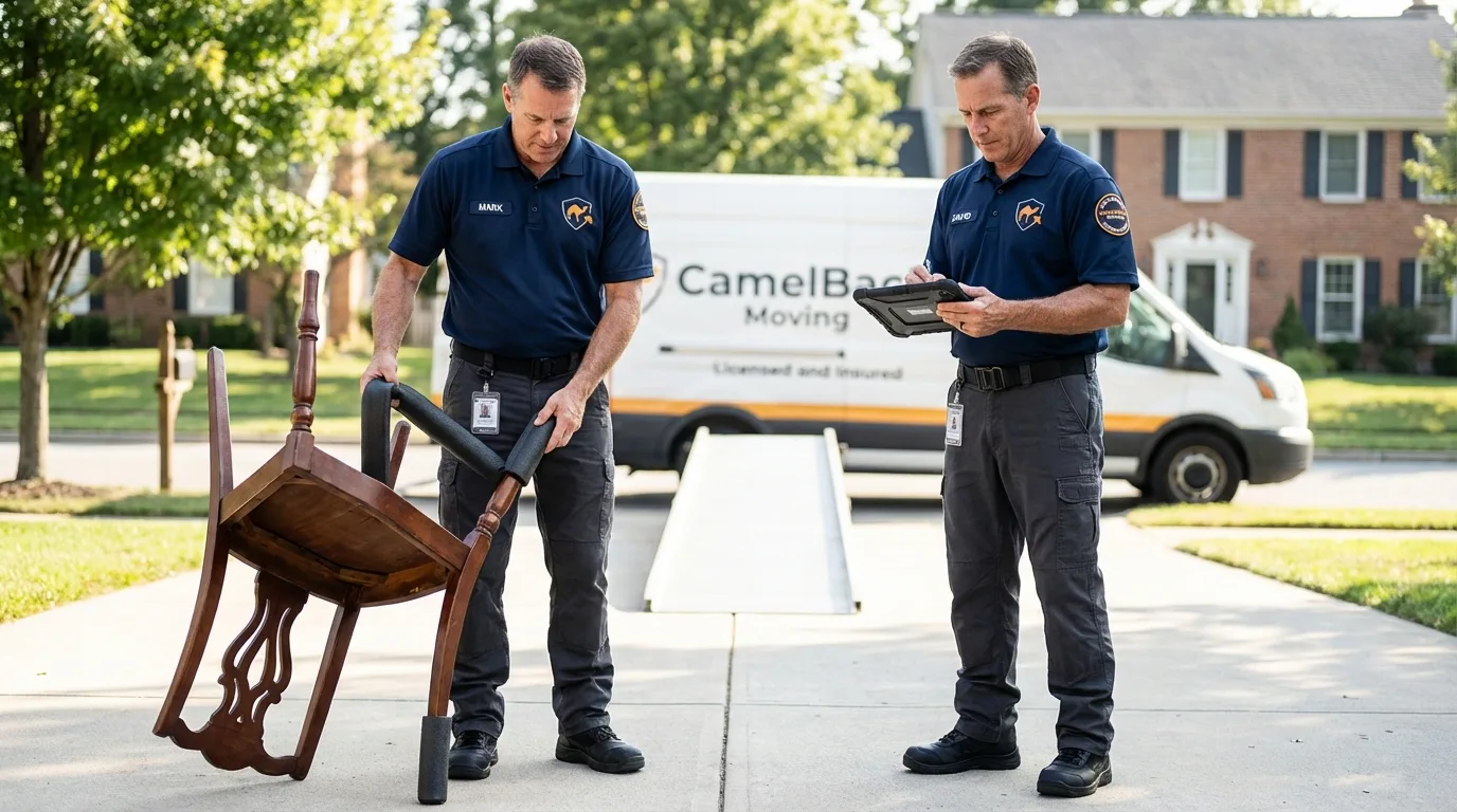 Movers inspecting furniture for damage prevention before loading in Grenada, MS